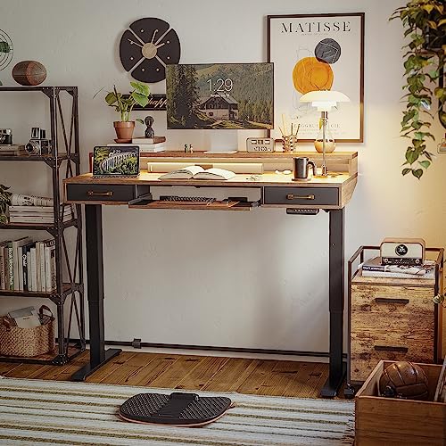 FEZIBO 48 x 24 Inch Height Adjustable Electric Standing Desk with Double Drawers&Keyboard Tray, Stand Up Desk with LED Strips&Stand,Rustic Brown FEZIBO