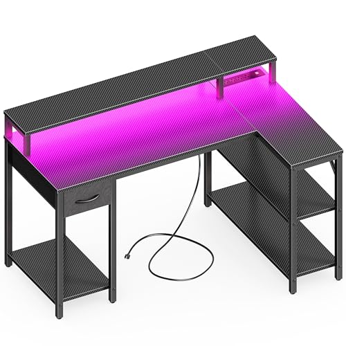 SUPERJARE 47 inch Reversible L Shaped Desk with LED Lights & Power Outlets, Computer Desk with Shelves & Monitor Stand, Gaming Desk with Drawer, Home Office Desk Corner Desk, Carbon Fiber Black SUPERJARE