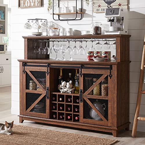 OKD Farmhouse Coffee Bar Cabinet with LED Lights, 55" Sideboard Buffet Table w/Sliding Barn Door & Wine and Glass Rack, Home Liquor Bar w/Storage Shelves for Dining Room,Reclaimed Barnwood OKD