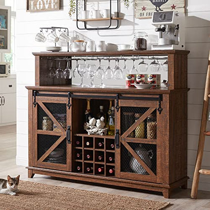 OKD Farmhouse Coffee Bar Cabinet with LED Lights, 55" Sideboard Buffet Table w/Sliding Barn Door & Wine and Glass Rack, Home Liquor Bar w/Storage Shelves for Dining Room,Reclaimed Barnwood - WoodArtSupply