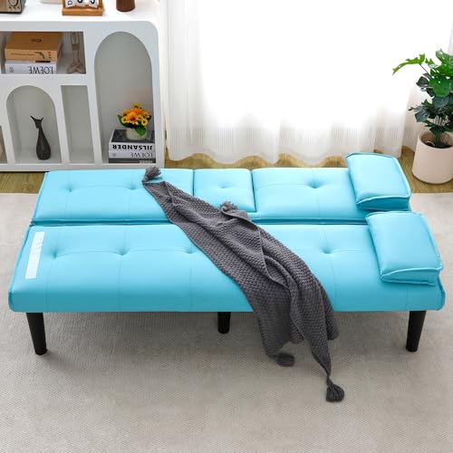 67"Modern Futon Sofa Bed,Convertible 3 in 1 Sleeper Bed Couches with Adjustable Backrest,Cup Holders,Comfy PU Leather Recliner Sofa Loveseat with Chrome Legs for Small Home Living Room (Blue) Majnesvon