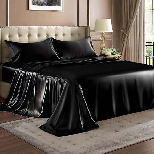 BEDELITE Satin Sheets Twin XL Size Bed Set, Luxury Soft Black Silky Sheets for Hair and Skin, Similar to Silk Bed Sheets Set 3 Pieces with 1 Deep Pocket Fitted Sheet, 1 Flat Sheet, and 1 Pillowcase BEDELITE