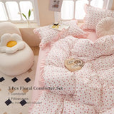 EAVD French Style Garden Pink Floral Comforter Set Full Girls Fluffy Soft Microfiber Chic Shabby Floral Bedding Set with 2 Pillowcases Fresh Ruffled Botanical Comforter Set for All-Season EAVD