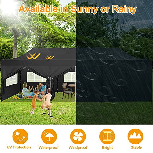 COBIZI 10x30 Pop Up Canopy with 8 Sidewall,Heavy Duty UPF 50+ All Season Wind Waterproof Commercial Outdoor Wedding Party Tents for Parties Canopy Gazebo with Roller Bag(10 x 30 ft Black) COBIZI