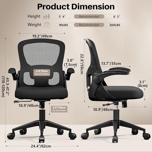 FINATI Office Chair Ergonomic Desk Chair, Adjustable Lumbar Support Rolling Swivel Comfy Chair with Space-Saving Flip Up Armrests, Breathable Mesh Gaming Chair for Business Work Office & Home, Black FINATI