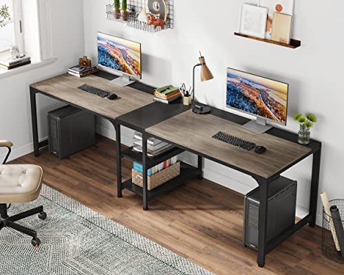 Tribesigns 90.55'' 2 Person Desk with Storage Shelves, Double Computer Desk with Spacious Desktop, Extra Long Study Writing Table Workstation for Home Office (Black & Gray) - WoodArtSupply