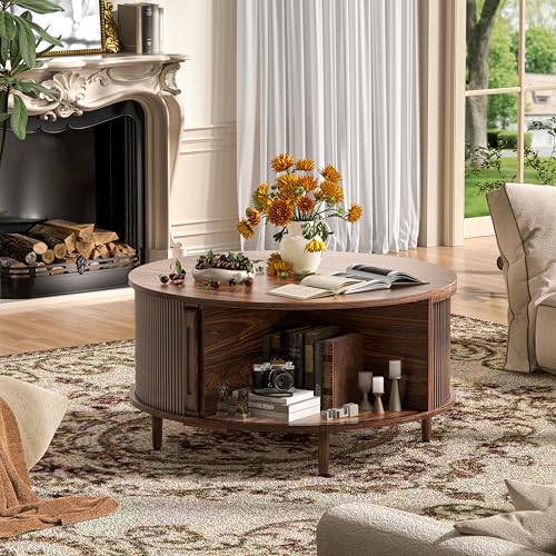 Round Coffee Table, 31.5" Fluted Center Table with Storage, Lift-Top Coffee Table with Adjustable Footpads, Sliding Door, Mid-Century Modern Center Table for Living Room, Small Space (Walnut) BEROXII