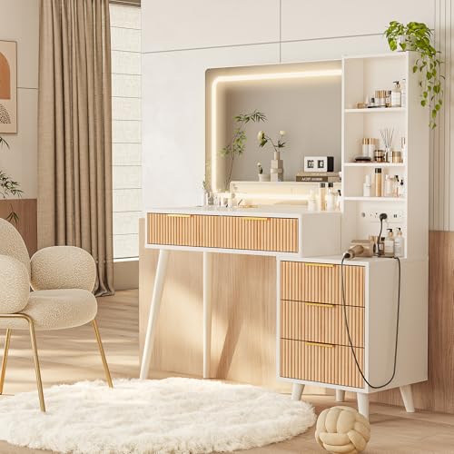 44" Vanity Desk with Mirror and Lights, Makeup Vanity Desk with Power Outlet, Makeup Desk with 5 Drawers&Storage Shelves, Vanity Table 3 Color Adjustable Brightness Dressing Table Set for Bedroom INNOD