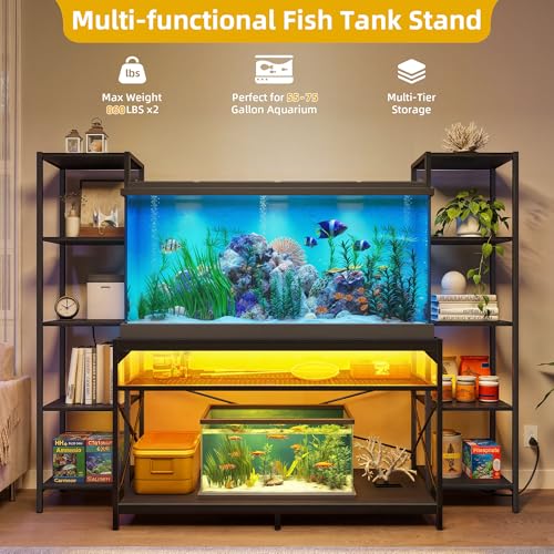 DWVO 55-75 Gallon Aquarium Stand with Power Outlets & LED Light, Display Stand for Turtle Tank, Reptile Terrarium, Heavy Duty Metal Fish Tank Stand Suitable for Living Room, Entryway, 860LBS  - WoodArtSupply