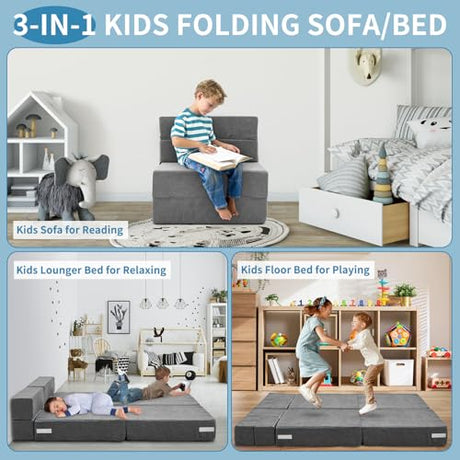 NAIZEA Kids Folding Sofa Bed- Floor Mattress for Kids, Fold Up Sofa Futon Beds, Child Foldable Mattress Floor Bed Folding Couch Trifold Mattresses for Playroom NAIZEA
