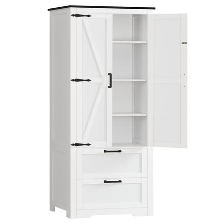 TEENFON 66.2" H Storage Cabinet with 2 Drawers, Farmhouse Kitchen Pantry Cabinet with 2 Doors & Adjustable Shelf, Bathroom Cabinet, for Living Room, Kitchen, Bathroom, White TEENFON
