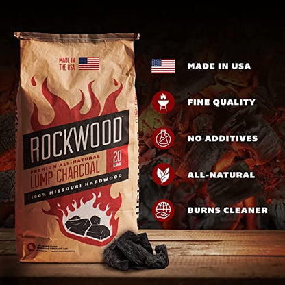 Rockwood Natural Lump Charcoal - Oak, Hickory & Cherry Hardwood Blend for High-Heat Grilling & Slow Smoking - Clean Burning BBQ Charcoal - No Fillers - Made in USA - 20 lbs (2 Packs)