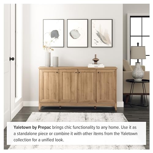 Prepac Yaletown 4 Panel Door Console Table with Storage, Oak Storage Cabinet with Doors and Shelves, Sideboard Storage Cabinet 60" W x 32" H x 16" D, OCBG-2220-1 Prepac