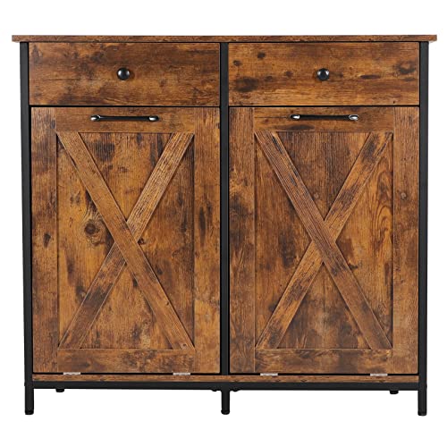 UEV Double Barn Door Style Trash Cabinet, Double Tilt Out Trash Cabinet with Solid Hideaway Drawer,Rustic Kitchen Trash Cabinet,Free Standing Wooden Kitchen Recycling Cabinet Trash Can Holder UEV