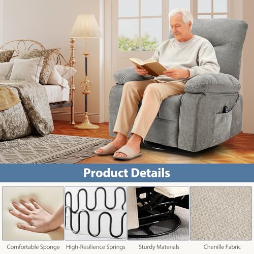 DUMOS Rocker Recliner Chair, Swivel Recliner with Vibration Massage & Lumbar Heating, 270° Rotating Chenille Fabric Recliner with footrest for Living Room & Bedroom, Grey