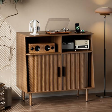 Record Player Stand with Vinyl Storage, Mid Century Modern Vinyl Storage Cabinet with Power Outlet and Sliding Doors, Turntable Stand Table Holds Up to 350 Albums for Living Room (walnut, 31.5"W) tauxkoi