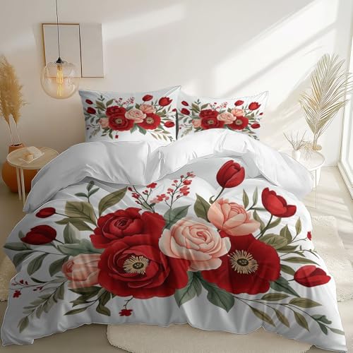 White 3 Piece Duvet Cover Set, 1 Printed Zipper Closure Duvet Cover with 2 Pillow Shams, Ultra Soft Brushed Microfiber Single with Minimalist Floral Retro Generic