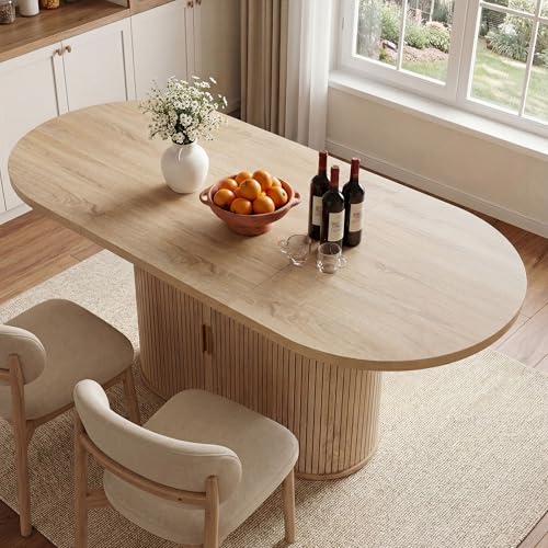 DWVO 70.9" Oval Dining Table for 6-8, Modern T-Shaped Kitchen Table with Storage Shelves & Pedestal Base, Multi-Purpose Dinner & Office Table, Light Oak DWVO
