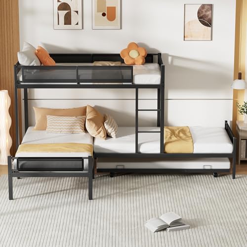 PVWIIK L-Shape Metal Triple Bunk Bed with Trundle 4 Kids,Teens,Adults Bedroom,Metal Bunk Bed with Guardrail & Ladder, No Box Spring Needed,Black PVWIIK