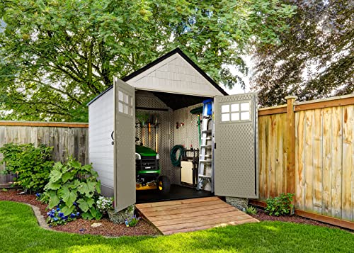 Rubbermaid Resin Outdoor Storage Shed With Floor (7 x 7 Ft), Weather Resistant, Beige/Brown, Organization for Home/Backyard/Garden Tools/Lawn Mower/Bike Storage/Pool Supplies - WoodArtSupply