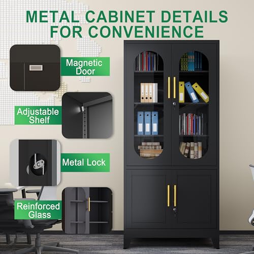 Lusiwry 71”H Metal Storage Cabinet with Lock Glass Doors and Shelves,Steel Garage File Cabinets, Kitchen Pantry Cabinet Tall Locker Organizer for Home, Office, Warehouse,Tool（Black） Lusiwry