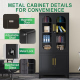 Lusiwry 71”H Metal Storage Cabinet with Lock Glass Doors and Shelves,Steel Garage File Cabinets, Kitchen Pantry Cabinet Tall Locker Organizer for Home, Office, Warehouse,Tool（Black） Lusiwry