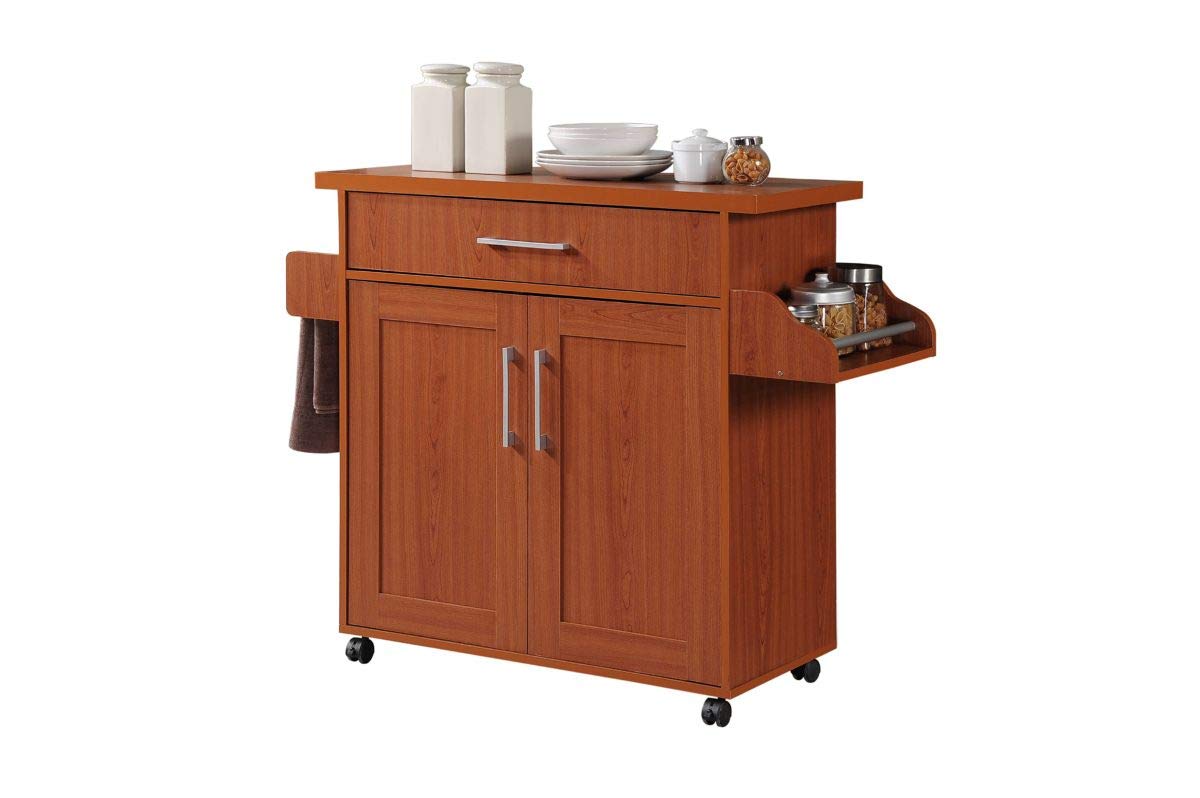 Hodedah Kitchen Island with Spice Rack, Towel Rack & Drawer, Cherry