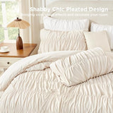 Andency Ruched Beige Queen Comforter Set, Shabby Chic Pleated Bedding Sets 3 Pieces, Lightweight Soft Boho Ruffle Bed Set for Girls, Kids, Women, All Season Andency