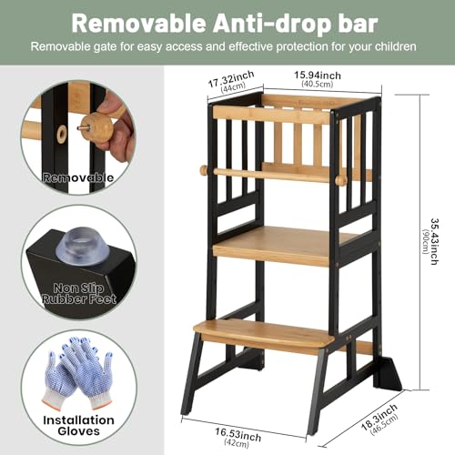 COSYLAND Toddler Standing Tower - Adjustable Height Toddler Kitchen Stool Helper - Kids Kitchen Step Stool for Learning with Removable Safety Railing Black&Natural COSYLAND