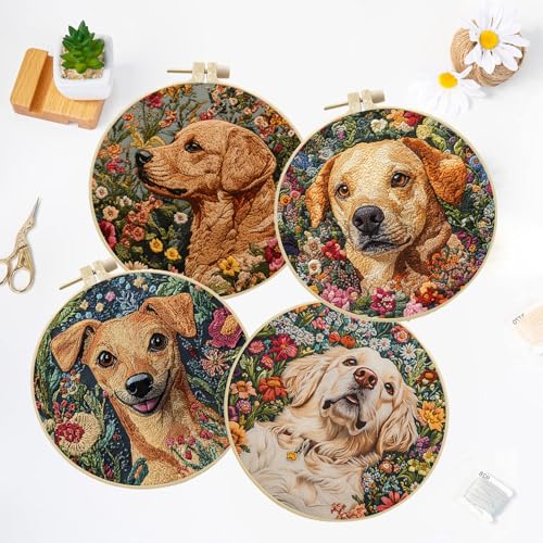 LB 4 Pack Cute Dog Flower Embroidery Kit for Beginners Funny Animal Beginner Embroidery Kit for Adults DIY Starter Kit with Embroidery Hoop Colorful Threads Tools Step by Step Instructions