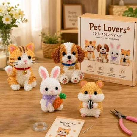 Wmool Tiny 3D Beaded Animal DIY Kit, Easy DIY Beading Embroidery Kit with 4 Cute Designs, 3D Animal Themed Beadwork Kit for Beginners & Craft Enthusiasts, with Instructions Wmool