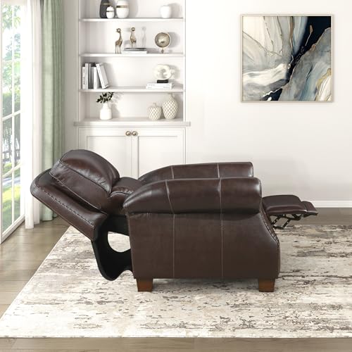 Lexicon Push Back Reclining Chair, Top Grain Leather Match Push Back Recliner Chair with Nailhead Trim, Rolled Arms, Solid Wood Legs, for Living Room/Apartment/Office, Easy Assembly, Brown