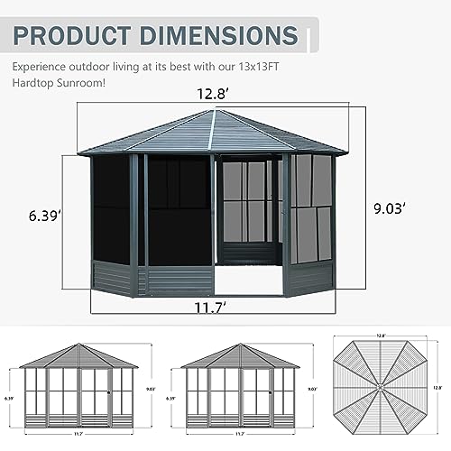 Domi 13x13FT Sunroom, Octagonal Solarium Aluminum Hardtop Gazebo with Galvanized Steel Roof, Detachable PE Screen, Sliding Door, Sun Room Pavilion Gazebo for Deck Backyard Garden domi outdoor living