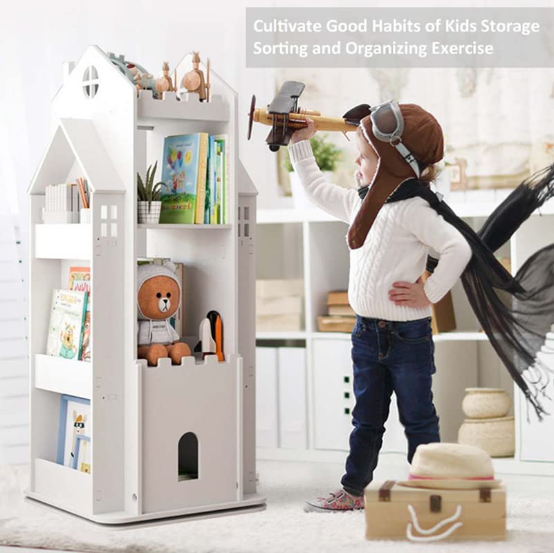 MOUDAO 360° Rotating Castle Bookshelf for Kids - White Toy Storage Organizer Rack - WoodArtSupply