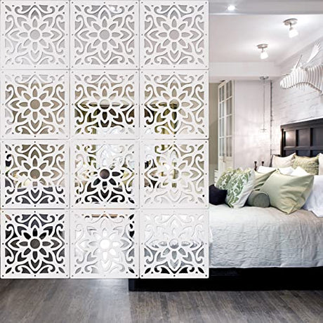 ANMINY 12 PCS Hanging Room Divider Decorative Thick Wall Screen Panels Floral Carving Pattern Hollow Out Design for Bedroom Living Dining Room Kitchen Office Restaurant Home Hotel Decor - White Flower ANMINY