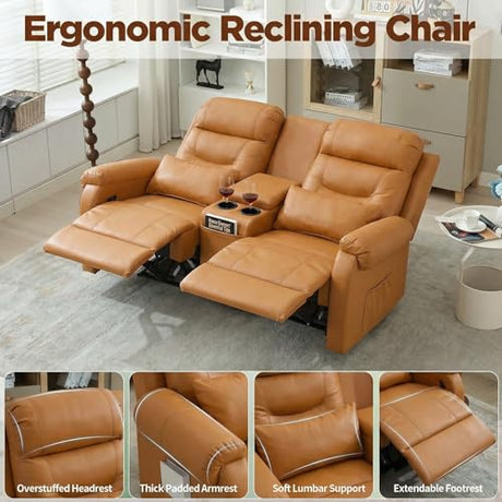 MANBUR RV Reclining Loveseat Sofa with Console, Wall Hugger Recliner Sofa, Double Recliner Home Movie Theater Seating with Cup Holders & Storage (Faux Leather Orange) MANBUR