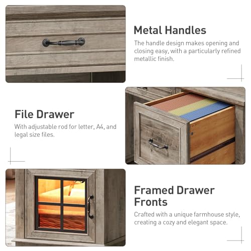 RALGEND 58" Farmhouse Executive Desk, Farmhouse Computer Desk with Drawers & File Cabinet, Wooden Home Office Desk with Power Outlet & LED Light, Workspace for Study Writing, Greige RALGEND