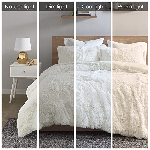 Intelligent Design Malea Shaggy Duvet with Quilted Box Design, Long Faux Fur Comforter Cover Cozy Bedding Set, Matching Shams, (Insert Not Included) Full/Queen, Ivory 3 Piece, 90x90 Intelligent Design