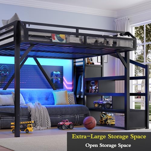 Bellemave Queen Loft Bed with Storage Stairs, Shelves and Built-in Wardrobe, Metal Loft Bed Frame with USB Ports and LED Lights, Noise-Reduced Design, Black Woodgrain Bellemave