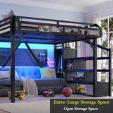 Bellemave Queen Loft Bed with Storage Stairs, Shelves and Built-in Wardrobe, Metal Loft Bed Frame with USB Ports and LED Lights, Noise-Reduced Design, Black Woodgrain Bellemave