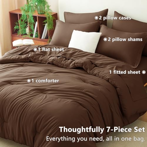 CozyLux King Size Comforter Set Brown, 7 Pieces Bed in a Bag King Comforter Set with Sheets, Soft Bedding Set with Down Alternative Comforter, Fitted Sheets, Flat Sheets, Pillow Shams and Pillowcases CozyLux