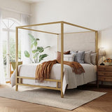 Merax Queen Size Gold Metal Canopy Bed Frame, 76.5" Tall Linen Upholstered Headboard, 4-Poster Bed with 800 lbs Capacity, Box Spring Required for Bedroom, Gold+Tan