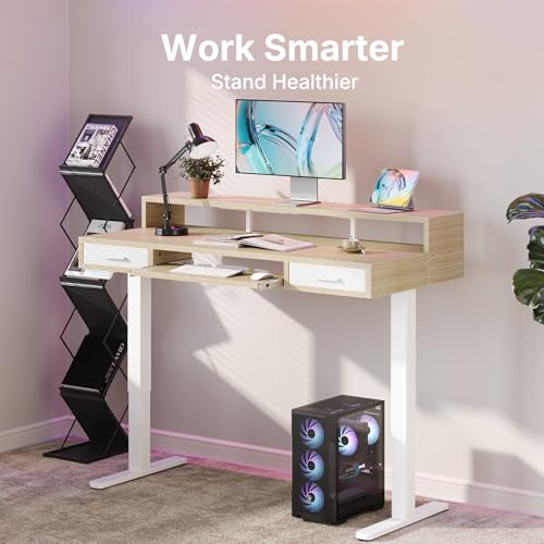 HUANUO 55″ x 26″ Electric Standing Desk with 2 Drawers &24.4″ Large Keyboard Tray, C-Clamp Mount Compatible, Adjustable Computer Desk for Office, Sit Stand Up Desk with 4 Height Presets, Light Walnut HUANUO