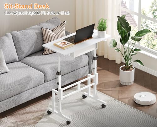 Adjustable Height Standing Desk With Drawer, Rolling Sit Stand Up Desk With Wheels, Small Sit To Stand Computer Desk, Adjustable Desktop Height, On Wheels, White, For Walking Pad Laptop Treadmill Cidaziya