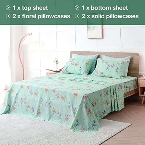 JSD Green Floral Queen Sheet Set 6 Piece, Soft Boho Printed Microfiber Bed Sheets Extra Deep Pocket, Oeko-TEX Certified JSD