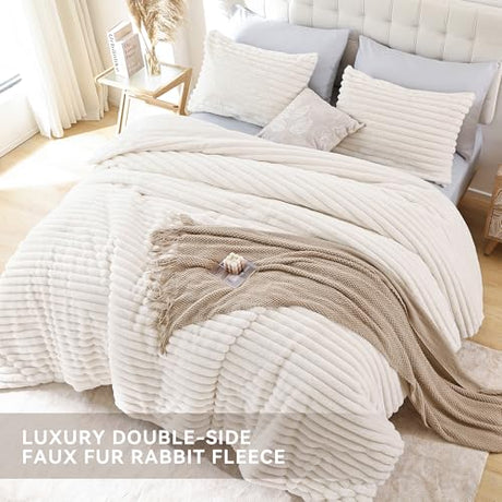 Smoofy Fluffy Twin Comforter Sets 2 Pieces - Cream White Fleece Fluffy Comforter Set, Luxury Fuzzy Twin Bedding Set, Soft Warm Comforter All Season, Heavy Faux Fur Comforter with Pillow Cases Smoofy
