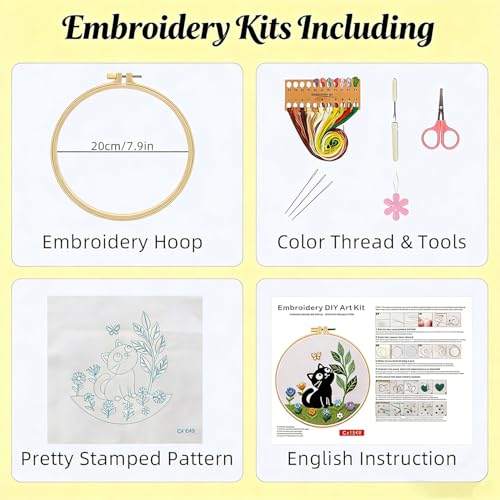ZGEZGE Cat Embroidery Set – A Cute Black cat and Butterfly Pastoral Style DIY Embroidery Beginner Set Suitable for Both Beginners and Adults. Perfect for Handmade Gifts and Home décor.