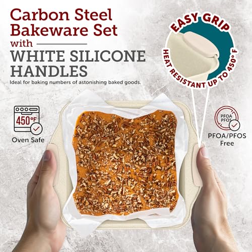 BAKKENMASTER Deluxe 8-Piece Carbon Steel Bakeware Set - Nonstick White Marble Coating, Silicone Handles - Professional Quality Kitchen Oven Baking Pans BAKKENMASTER