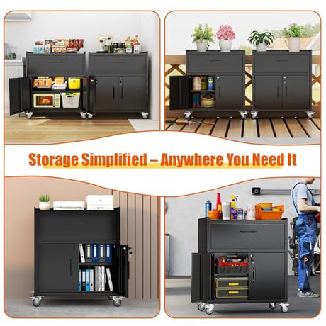 Metal Storage Cabinets Locker with Shelves and Drawer, Metal Rolling Storage Cart, Adjustable Shelf, Tool Organizer for Garage Warehouse, Black, 35" H x 30" W x 18" D Metallitrend