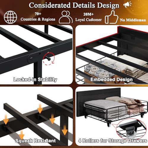 Etditrnp Twin Bed Frame with Storage Headboard, Farmhouse Platform Bed Frame with Bookshelf, Drawers, LED Lights and Charging Station, Metal Slats Support, Noise Free, No Box Spring Needed, Black Etditrnp